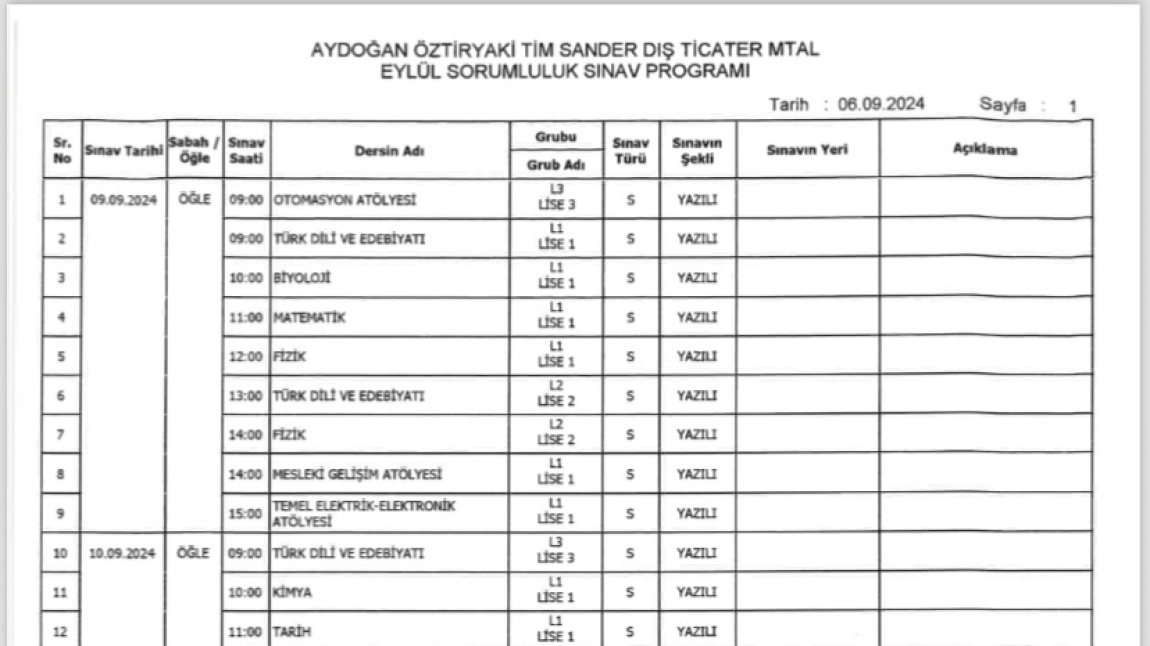 EYLÜL SORUMLULUK SINAVLARI PROGRAMI