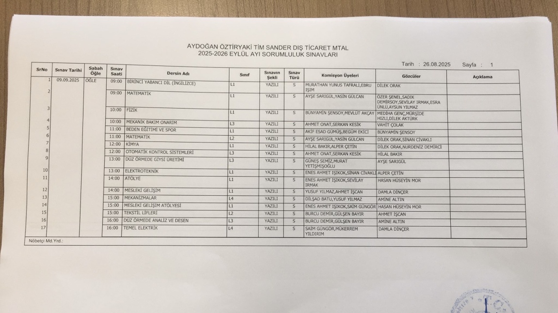 2025-2026  EYLÜL AYI SORUMLULUK SINAVILARI